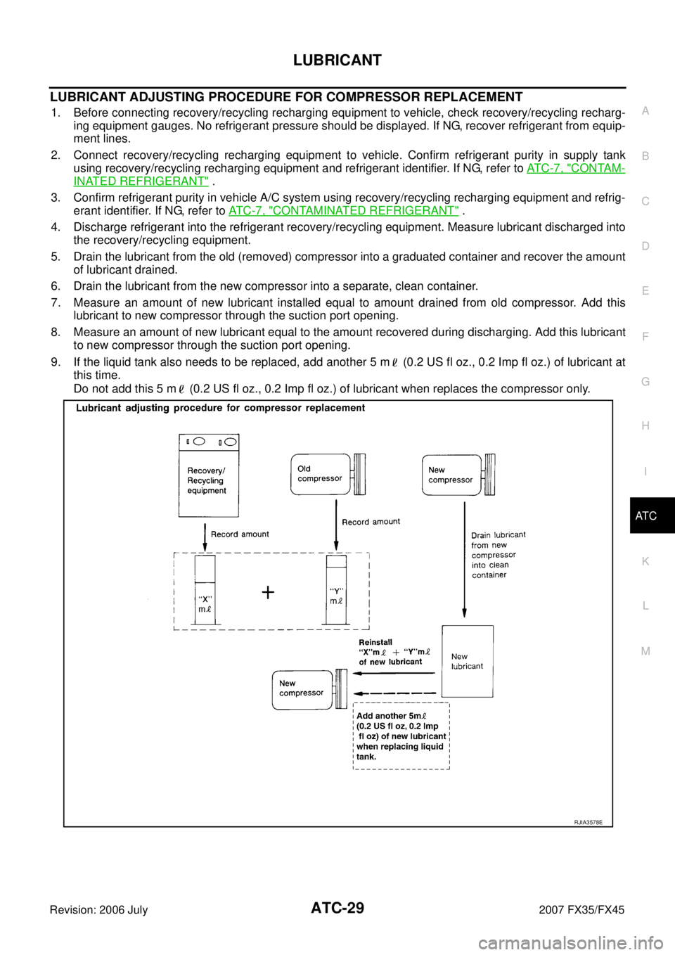 INFINITI FX35 2007  Service Manual LUBRICANT ATC-29
C 
D  E 
F 
G  H 
I 
K  L 
M  A 
B
AT C 
Revision: 2006 July  2007 FX35/FX45
LUBRICANT ADJUSTING PROCEDURE FOR COMPRESSOR REPLACEMENT
1. Before connecting recovery/recycling rechargin