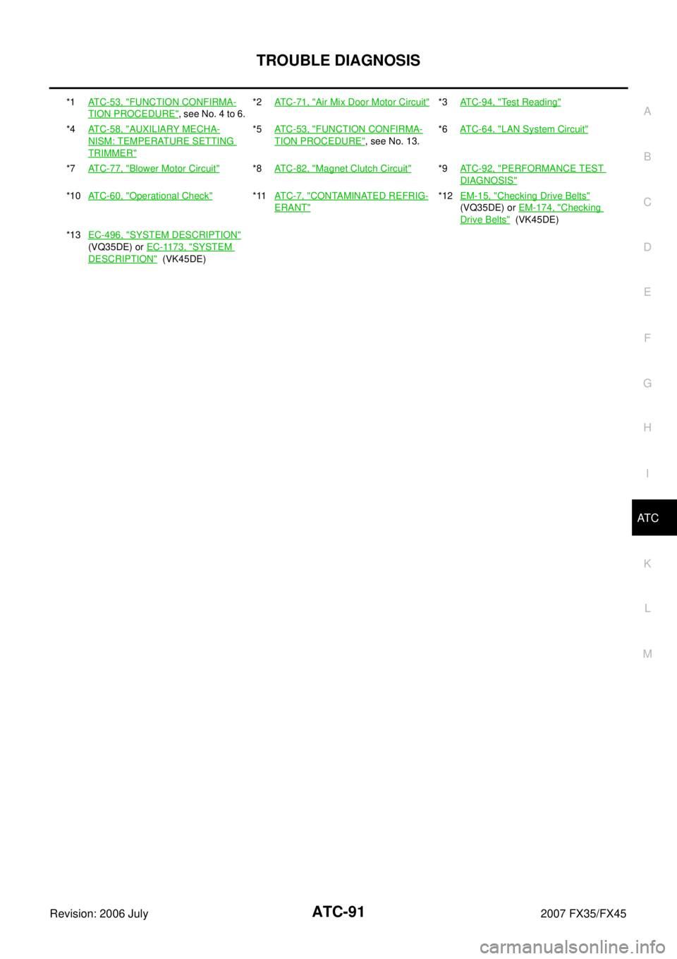 INFINITI FX35 2007 Service Manual TROUBLE DIAGNOSIS ATC-91
C
D E
F
G H
I
K L
M A
B
AT C
Revision: 2006 July 2007 FX35/FX45
*1ATC-53, "FUNCTION CONFIRMA-
TION PROCEDURE", see No. 4 to 6. *2
ATC-71, "
Air Mix Door Motor C INFINITI FX35 2007 Service Manual TROUBLE DIAGNOSIS ATC-91
C
D E
F
G H
I
K L
M A
B
AT C
Revision: 2006 July 2007 FX35/FX45
*1ATC-53, "FUNCTION CONFIRMA-
TION PROCEDURE", see No. 4 to 6. *2
ATC-71, "
Air Mix Door Motor C