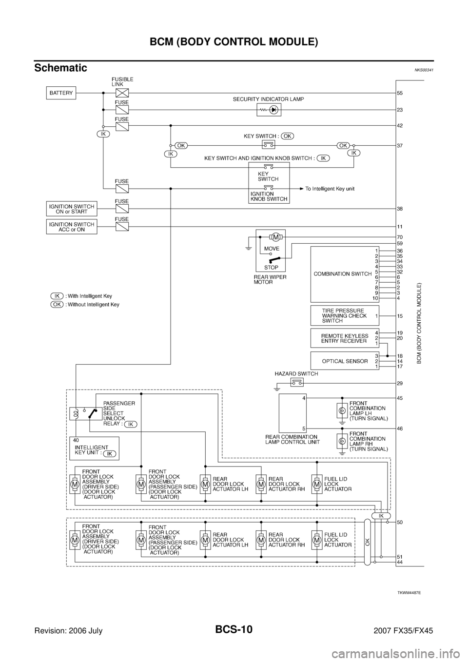 INFINITI FX35 2007  Service Manual BCS-10
BCM (BODY CONTROL MODULE)
Revision: 2006 July 2007 FX35/FX45
SchematicNKS00341
TKWM4487E 