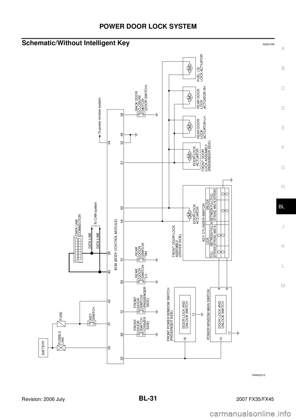 INFINITI FX35 2007 Owners Manual POWER DOOR LOCK SYSTEM BL-31
C 
D  E 
F 
G  H 
J 
K  L 
M  A 
B
BL 
Revision: 2006 July  2007 FX35/FX45
Schematic/Without Intelligent KeyNIS001M0
TIWM0321E 