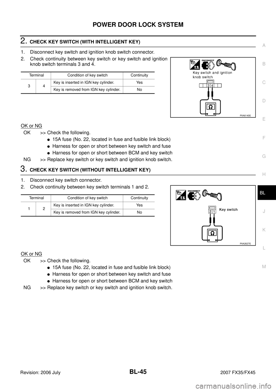 INFINITI FX35 2007 Owners Guide POWER DOOR LOCK SYSTEM BL-45
C 
D  E 
F 
G  H 
J 
K  L 
M  A 
B
BL 
Revision: 2006 July  2007 FX35/FX45
2. CHECK KEY SWITCH (WITH INTELLIGENT KEY) 
1. Disconnect key switch and ignition knob switch co