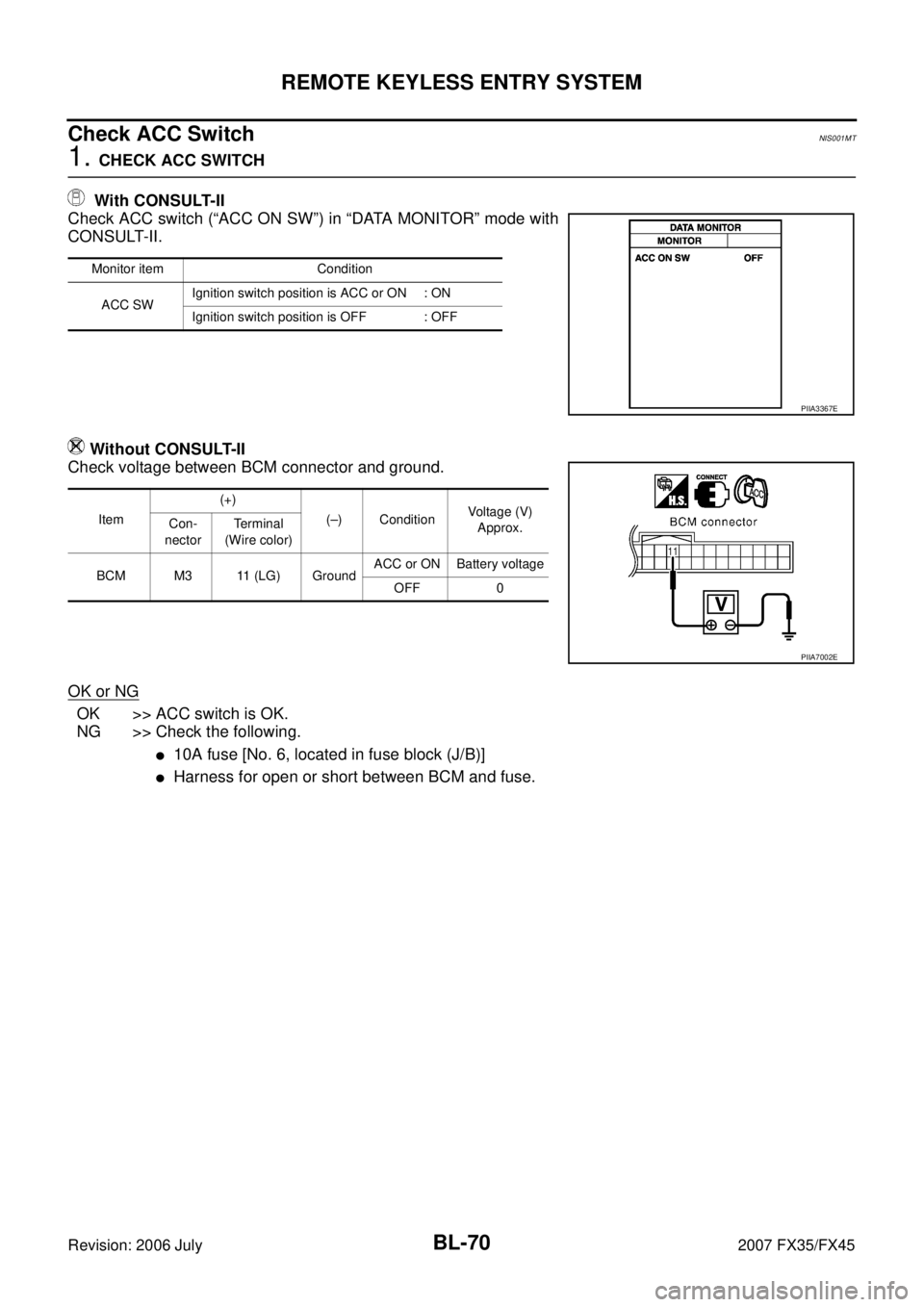 INFINITI FX35 2007 Owners Manual BL-70
REMOTE KEYLESS ENTRY SYSTEM
Revision: 2006 July 2007 FX35/FX45
Check ACC SwitchNIS001MT
1. CHECK ACC SWITCH 
   With CONSULT-II 
Check ACC switch (“ACC ON SW”) in “DATA MONITOR” mode wit