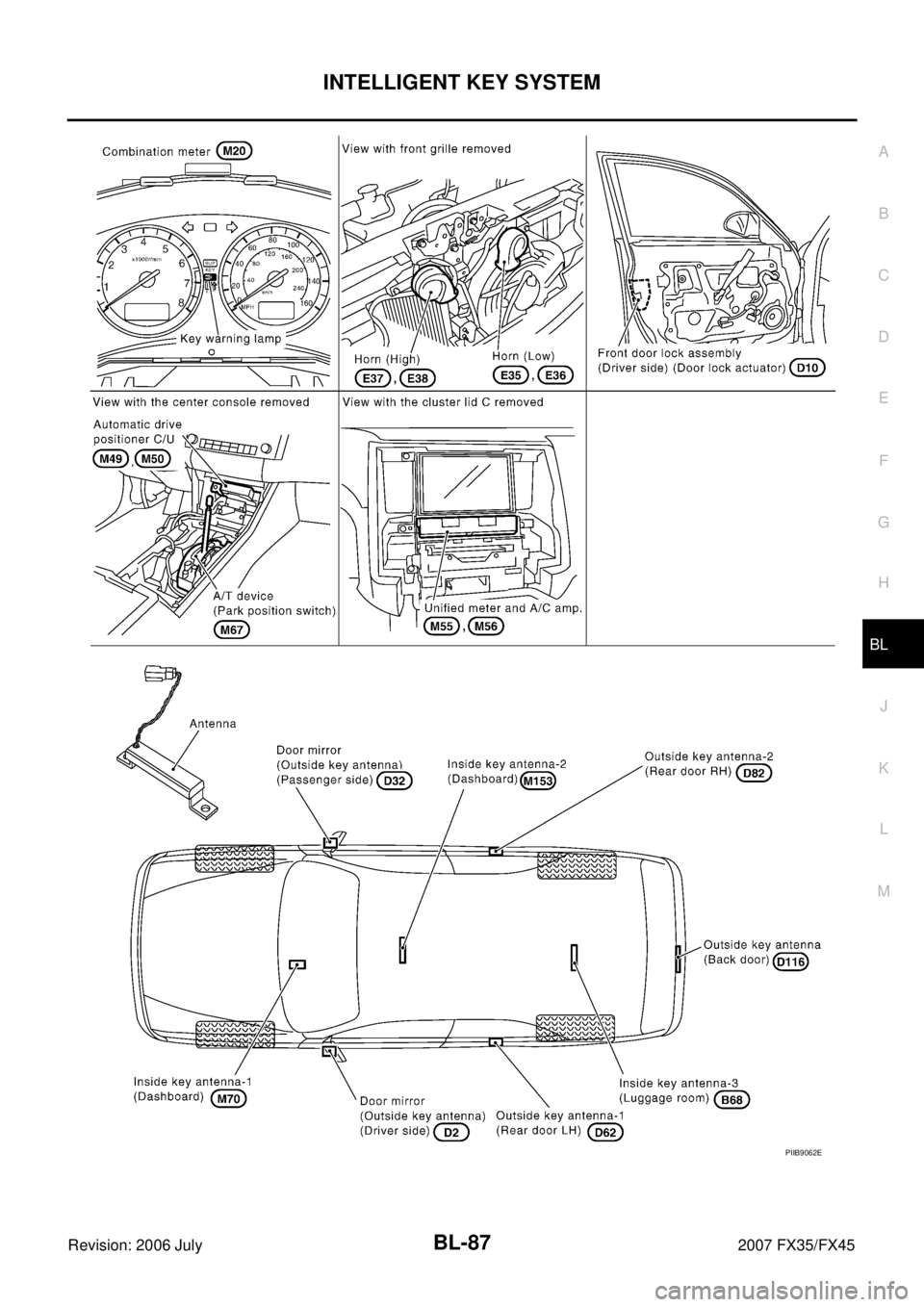 INFINITI FX35 2007 Manual PDF INTELLIGENT KEY SYSTEM BL-87
C 
D  E 
F 
G  H 
J 
K  L 
M  A 
B
BL 
Revision: 2006 July  2007 FX35/FX45
PIIB9062E 