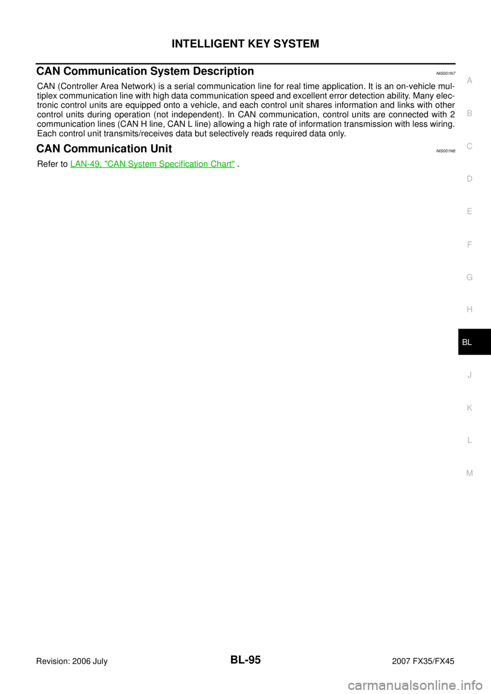 INFINITI FX35 2007 Manual PDF INTELLIGENT KEY SYSTEM BL-95
C 
D  E 
F 
G  H 
J 
K  L 
M  A 
B
BL 
Revision: 2006 July  2007 FX35/FX45
CAN Communication System DescriptionNIS001N7
CAN (Controller Area Network) is a serial communica