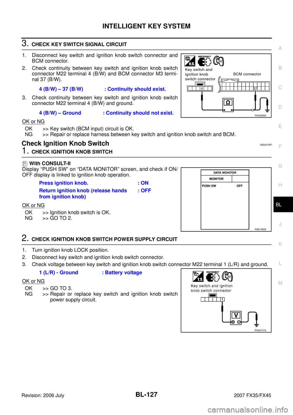 INFINITI FX35 2007 Service Manual INTELLIGENT KEY SYSTEM BL-127
C
D E
F
G H
J
K L
M A
B
BL
Revision: 2006 July 2007 FX35/FX45
3. CHECK KEY SWITCH SIGNAL CIRCUIT
1. Disconnect key switch and ignition knob switch connector INFINITI FX35 2007 Service Manual INTELLIGENT KEY SYSTEM BL-127
C
D E
F
G H
J
K L
M A
B
BL
Revision: 2006 July 2007 FX35/FX45
3. CHECK KEY SWITCH SIGNAL CIRCUIT
1. Disconnect key switch and ignition knob switch connector