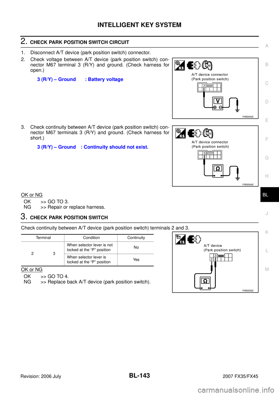 INFINITI FX35 2007 Service Manual INTELLIGENT KEY SYSTEM BL-143
C
D E
F
G H
J
K L
M A
B
BL
Revision: 2006 July 2007 FX35/FX45
2. CHECK PARK POSITION SWITCH CIRCUIT
1. Disconnect A/T device (park position switch) connecto INFINITI FX35 2007 Service Manual INTELLIGENT KEY SYSTEM BL-143
C
D E
F
G H
J
K L
M A
B
BL
Revision: 2006 July 2007 FX35/FX45
2. CHECK PARK POSITION SWITCH CIRCUIT
1. Disconnect A/T device (park position switch) connecto
