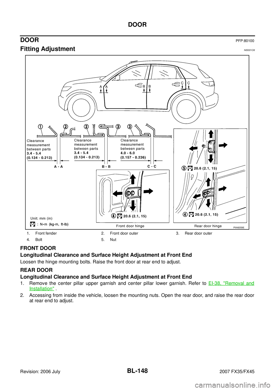 INFINITI FX35 2007 Service Manual BL-148
DOOR
Revision: 2006 July 2007 FX35/FX45
DOORPFP:80100
Fitting AdjustmentNIS001O6
FRONT DOOR
Longitudinal Clearance and Surface Height Adjustment at Front End
Loosen the hinge mounting bolts. R INFINITI FX35 2007 Service Manual BL-148
DOOR
Revision: 2006 July 2007 FX35/FX45
DOORPFP:80100
Fitting AdjustmentNIS001O6
FRONT DOOR
Longitudinal Clearance and Surface Height Adjustment at Front End
Loosen the hinge mounting bolts. R