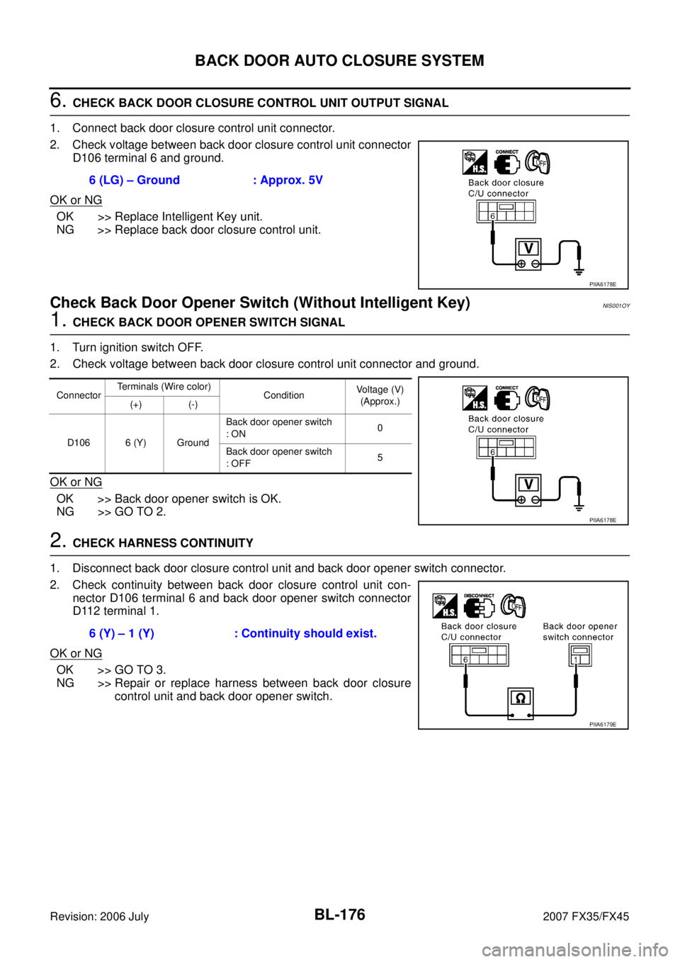 INFINITI FX35 2007  Service Manual BL-176
BACK DOOR AUTO CLOSURE SYSTEM
Revision: 2006 July 2007 FX35/FX45
6. CHECK BACK DOOR CLOSURE CONTROL UNIT OUTPUT SIGNAL 
1. Connect back door closure control unit connector. 
2. Check voltage be