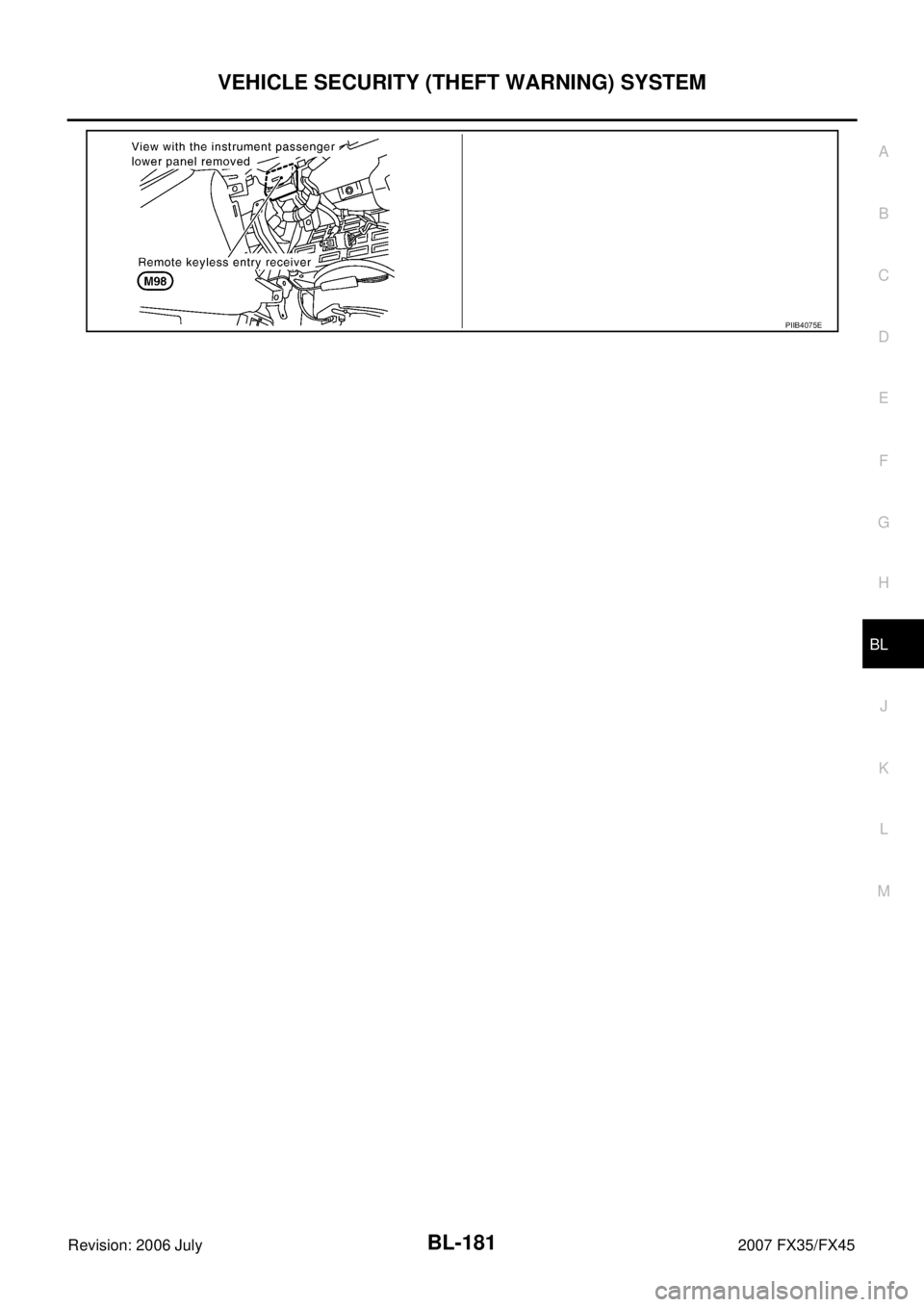 INFINITI FX35 2007 Workshop Manual VEHICLE SECURITY (THEFT WARNING) SYSTEM BL-181
C 
D  E 
F 
G  H 
J 
K  L 
M  A 
B
BL 
Revision: 2006 July  2007 FX35/FX45
PIIB4075E 