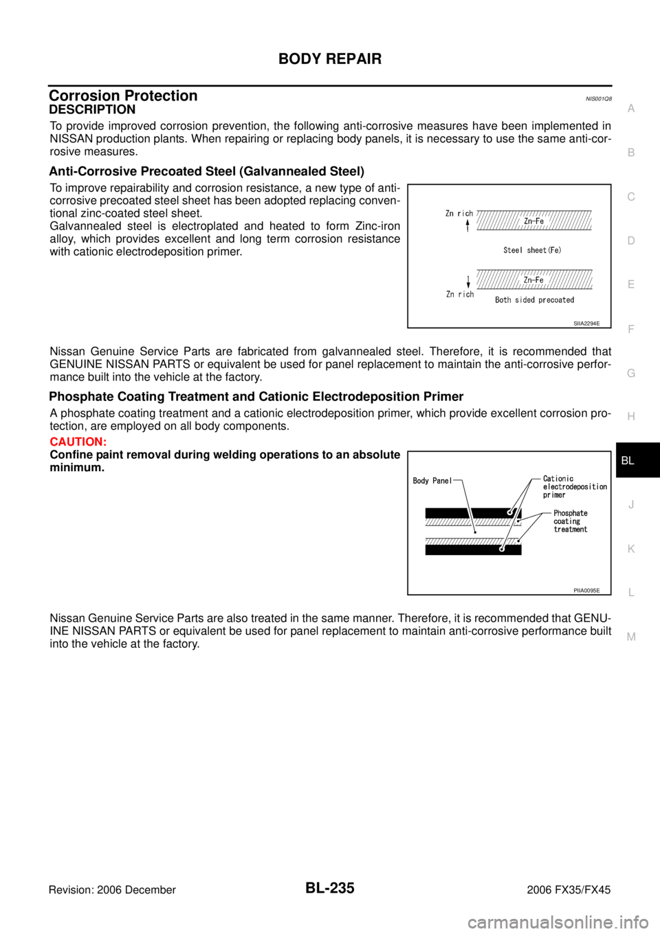 INFINITI FX35 2006 Service Manual BODY REPAIR BL-235
C
D E
F
G H
J
K L
M A
B
BL
Revision: 2006 December 2006 FX35/FX45
Corrosion ProtectionNIS001Q8
DESCRIPTION
To provide improved corrosion prevention, the following anti-c INFINITI FX35 2006 Service Manual BODY REPAIR BL-235
C
D E
F
G H
J
K L
M A
B
BL
Revision: 2006 December 2006 FX35/FX45
Corrosion ProtectionNIS001Q8
DESCRIPTION
To provide improved corrosion prevention, the following anti-c