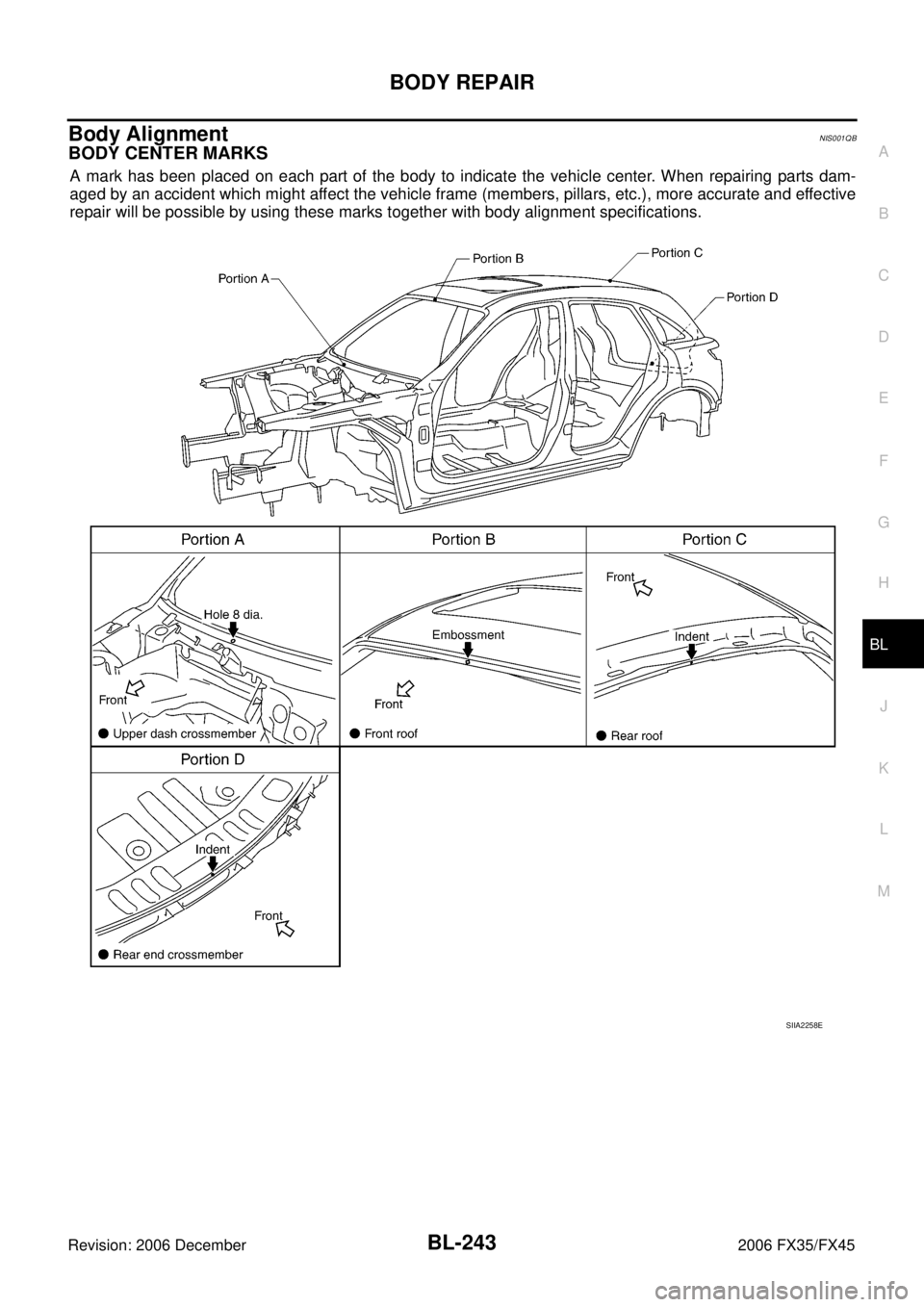 INFINITI FX35 2006  Service Manual BODY REPAIR BL-243
C 
D  E 
F 
G  H 
J 
K  L 
M  A 
B
BL 
Revision: 2006 December 2006 FX35/FX45
Body AlignmentNIS001QB
BODY CENTER MARKS
A mark has been placed on each part of the body to indicate th