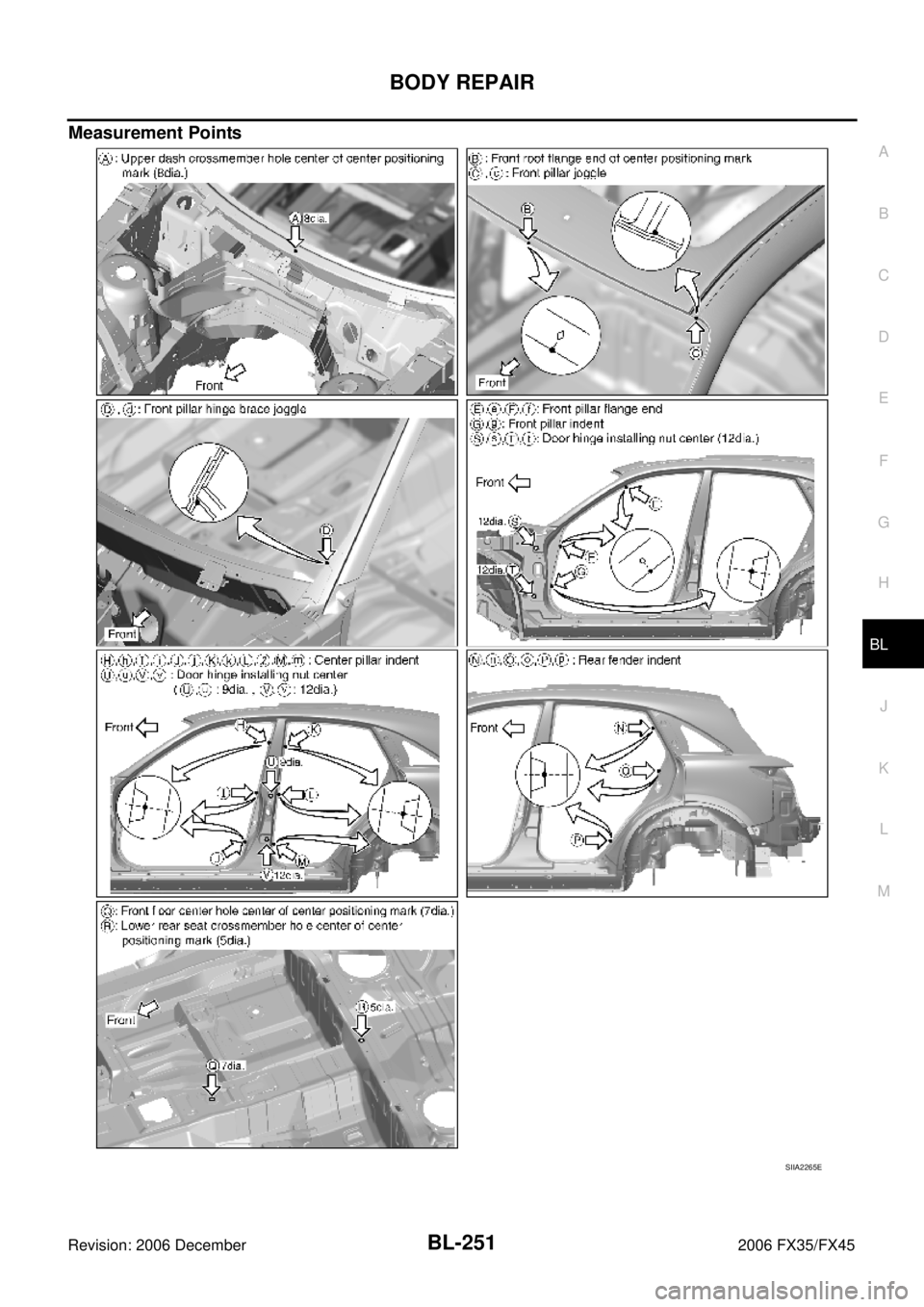 INFINITI FX35 2006 Service Manual BODY REPAIR BL-251
C
D E
F
G H
J
K L
M A
B
BL
Revision: 2006 December 2006 FX35/FX45
Measurement Points
SIIA2265E INFINITI FX35 2006 Service Manual BODY REPAIR BL-251
C
D E
F
G H
J
K L
M A
B
BL
Revision: 2006 December 2006 FX35/FX45
Measurement Points
SIIA2265E