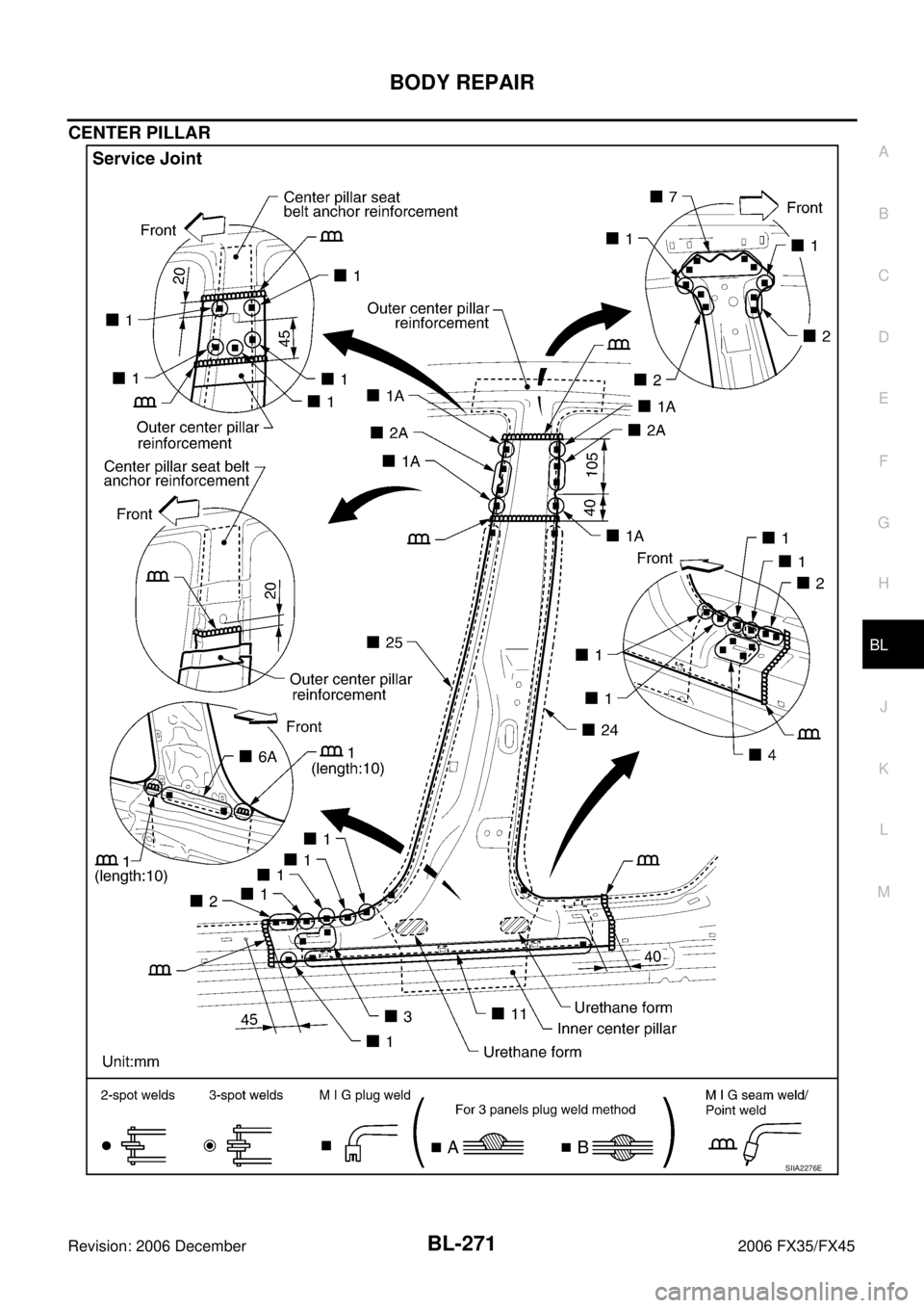 INFINITI FX35 2006  Service Manual BODY REPAIR BL-271
C 
D  E 
F 
G  H 
J 
K  L 
M  A 
B
BL 
Revision: 2006 December 2006 FX35/FX45
CENTER PILLAR
SIIA2276E 