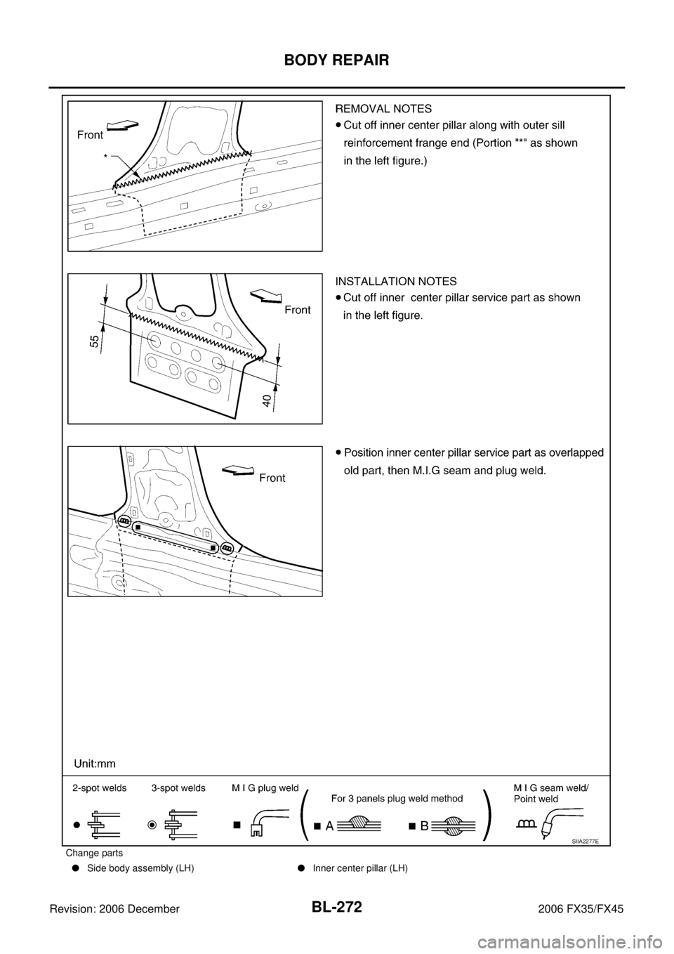 INFINITI FX35 2006  Service Manual BL-272
BODY REPAIR
Revision: 2006 December 2006 FX35/FX45
Change parts   Side body assembly (LH) Inner center pillar (LH)
SIIA2277E 