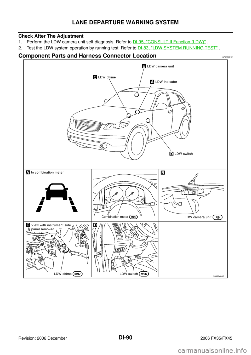 INFINITI FX35 2006  Service Manual DI-90
LANE DEPARTURE WARNING SYSTEM
Revision: 2006 December 2006 FX35/FX45
Check After The Adjustment
1. Perform the LDW camera unit self-diagnosis. Refer to  DI-95, "CONSULT-II Function (LDW)" . 
2. 