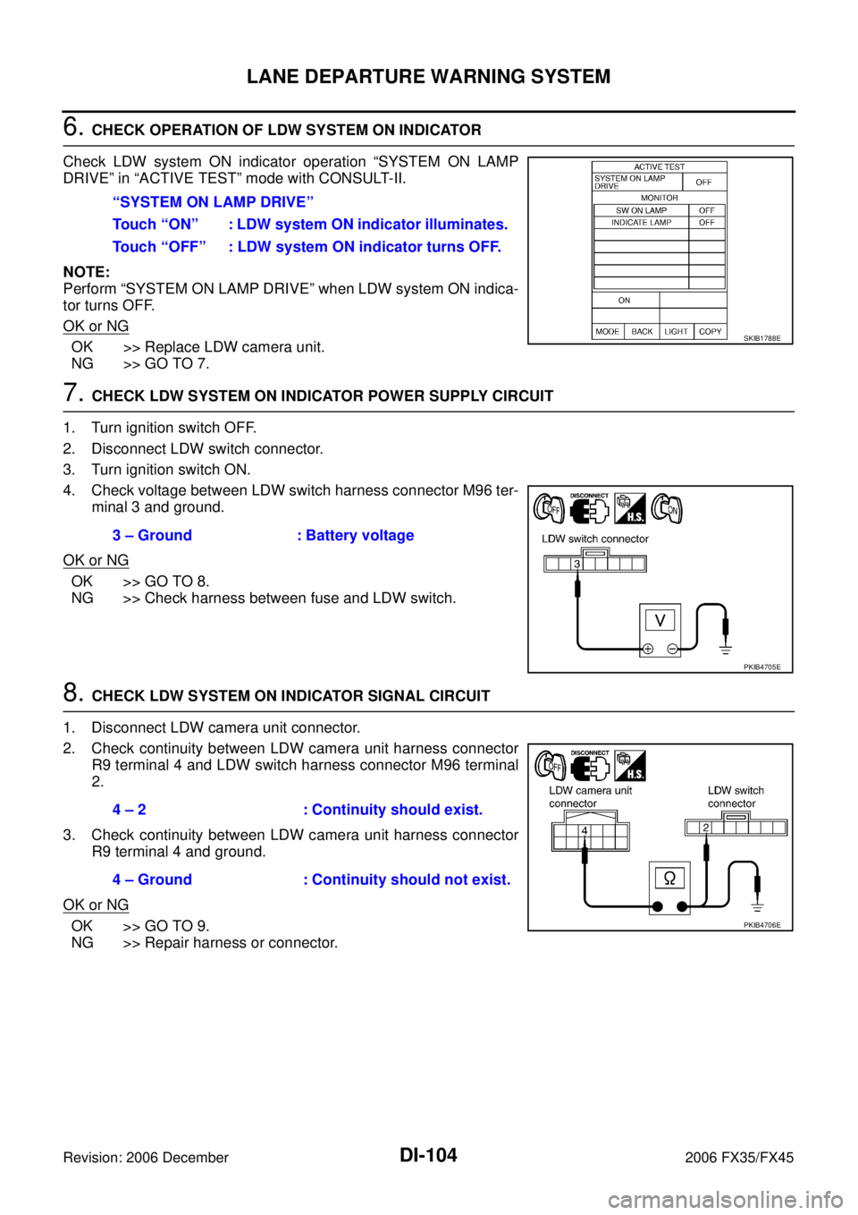 INFINITI FX35 2006  Service Manual DI-104
LANE DEPARTURE WARNING SYSTEM
Revision: 2006 December 2006 FX35/FX45
6. CHECK OPERATION OF LDW SYSTEM ON INDICATOR 
Check LDW system ON indicator operation “SYSTEM ON LAMP 
DRIVE” in “ACT