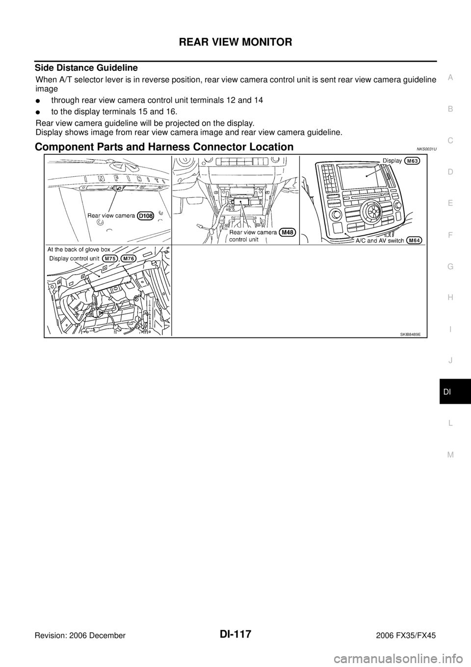 INFINITI FX35 2006  Service Manual REAR VIEW MONITOR DI-117
C 
D  E 
F 
G  H 
I 
J 
L 
M  A 
B
DI 
Revision: 2006 December 2006 FX35/FX45
Side Distance Guideline
When A/T selector lever is in reverse position, rear view camera control 