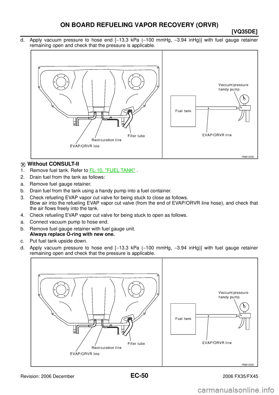 INFINITI FX35 2006  Service Manual EC-50
[VQ35DE]
ON BOARD REFUELING VAPOR RECOVERY (ORVR)
Revision: 2006 December 2006 FX35/FX45
d. Apply vacuum pressure to hose end [ −13.3 kPa ( −100 mmHg,  −3.94 inHg)] with fuel gauge retaine