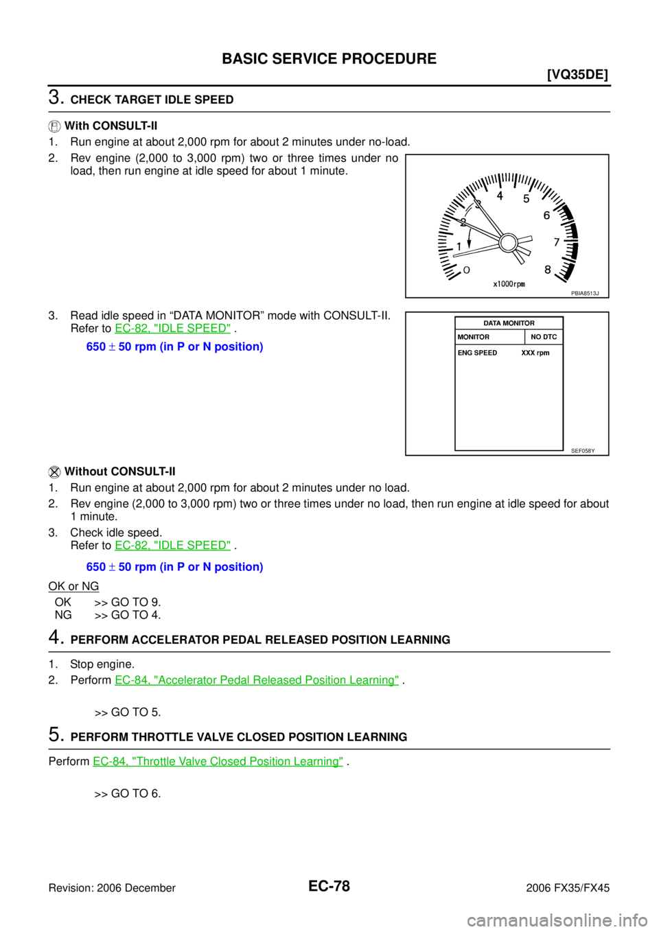 INFINITI FX35 2006  Service Manual EC-78
[VQ35DE]
BASIC SERVICE PROCEDURE
Revision: 2006 December 2006 FX35/FX45
3. CHECK TARGET IDLE SPEED 
 With CONSULT-II 
1. Run engine at about 2,000 rpm for about 2 minutes under no-load.
2. Rev e