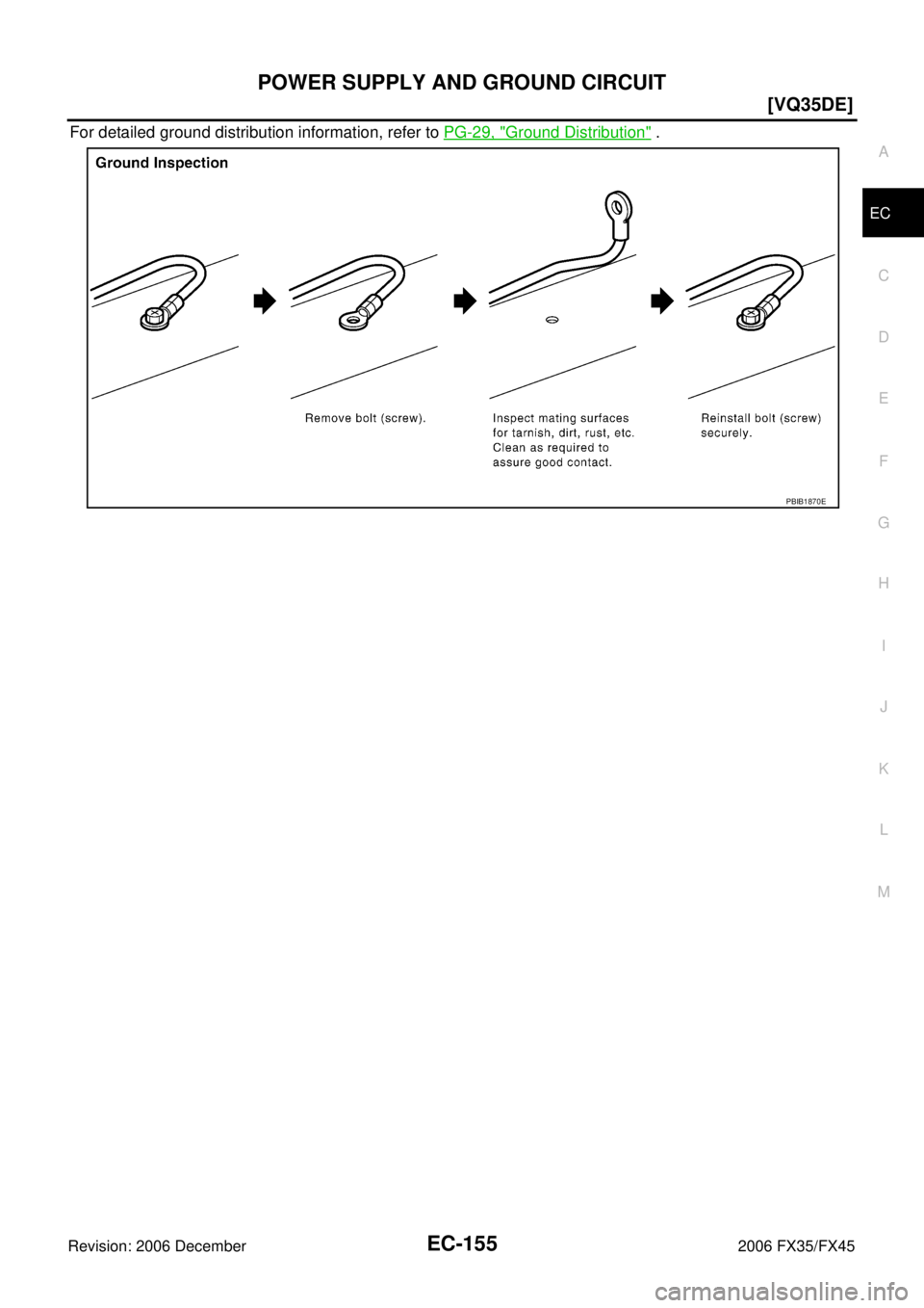 INFINITI FX35 2006  Service Manual POWER SUPPLY AND GROUND CIRCUIT EC-155
[VQ35DE]
C 
D  E 
F 
G  H 
I 
J 
K  L 
M  A
EC 
Revision: 2006 December 2006 FX35/FX45
For detailed ground distribution information, refer to   PG-29, "Ground Di