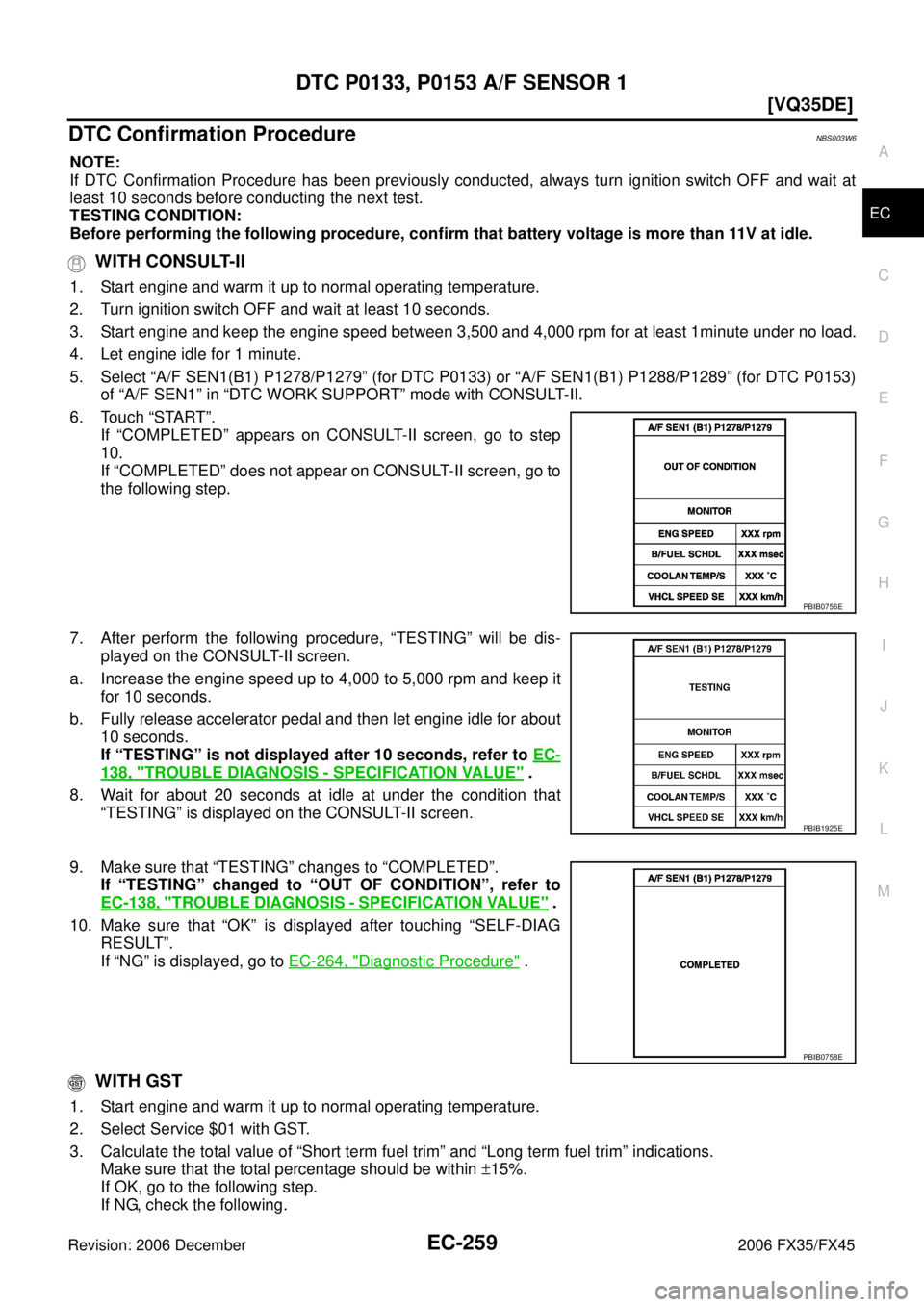 INFINITI FX35 2006  Service Manual DTC P0133, P0153 A/F SENSOR 1 EC-259
[VQ35DE]
C 
D  E 
F 
G  H 
I 
J 
K  L 
M  A
EC 
Revision: 2006 December 2006 FX35/FX45
DTC Confirmation ProcedureNBS003W6
NOTE: 
If DTC Confirmation Procedure has 