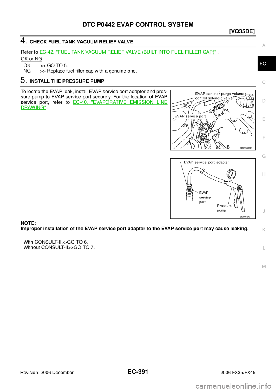INFINITI FX35 2006  Service Manual DTC P0442 EVAP CONTROL SYSTEM EC-391
[VQ35DE]
C 
D  E 
F 
G  H 
I 
J 
K  L 
M  A
EC 
Revision: 2006 December 2006 FX35/FX45
4. CHECK FUEL TANK VACUUM RELIEF VALVE 
Refer to   EC-42, "
FUEL TANK VACUUM