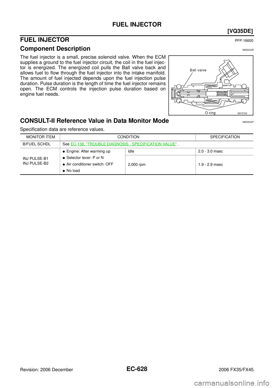 INFINITI FX35 2006  Service Manual EC-628
[VQ35DE]
FUEL INJECTOR
Revision: 2006 December 2006 FX35/FX45
FUEL INJECTORPFP:16600
Component DescriptionNBS003ZE
The fuel injector is a small, precise solenoid valve. When the ECM 
supplies a