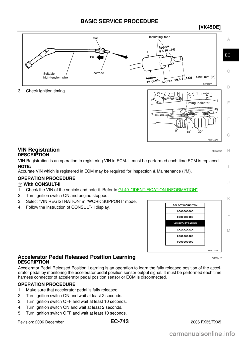 INFINITI FX35 2006  Service Manual BASIC SERVICE PROCEDURE EC-743
[VK45DE]
C 
D  E 
F 
G  H 
I 
J 
K  L 
M  A
EC 
Revision: 2006 December 2006 FX35/FX45
3. Check ignition timing.
VIN RegistrationNBS0041S
DESCRIPTION
VIN Registration is