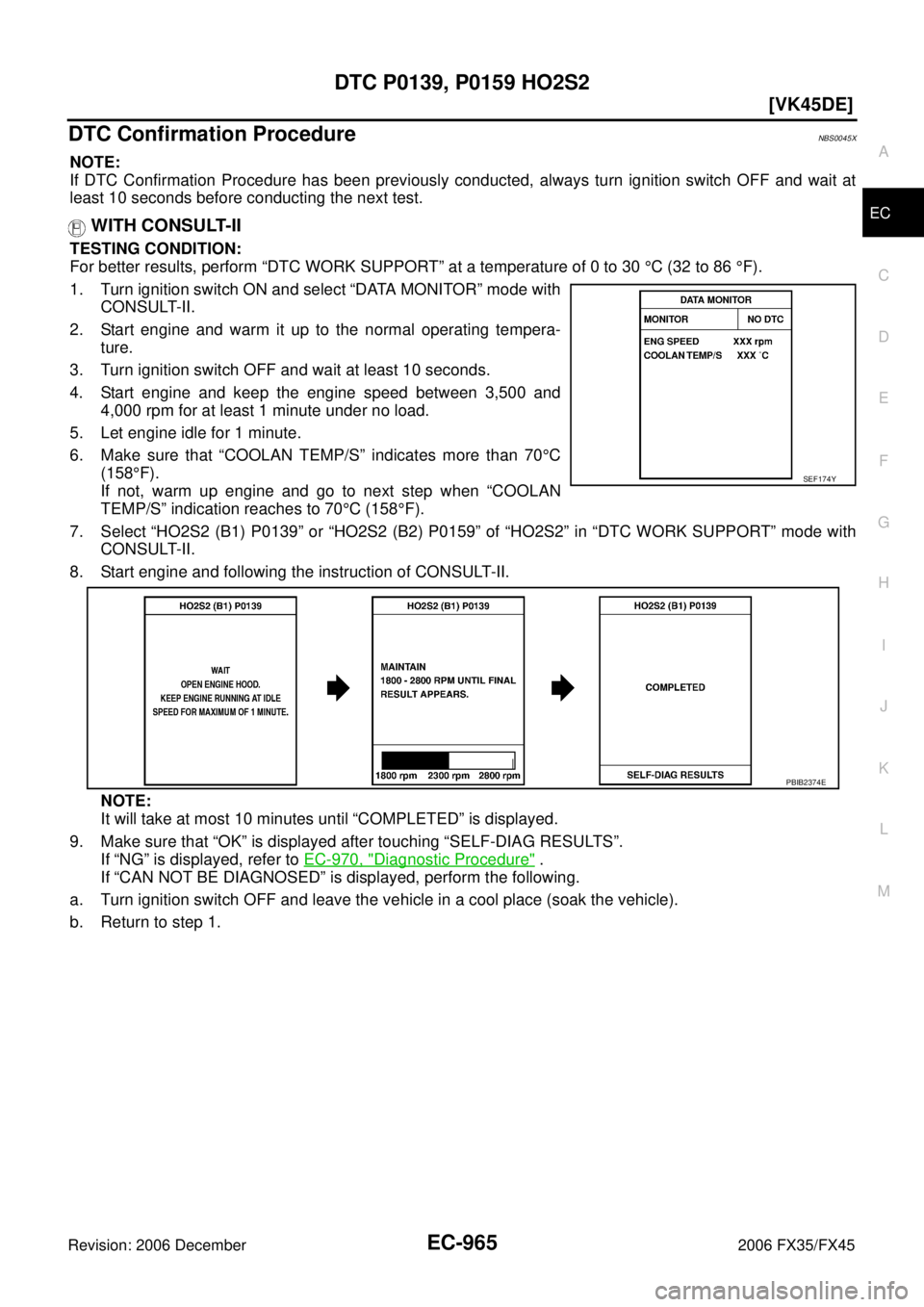 INFINITI FX35 2006  Service Manual DTC P0139, P0159 HO2S2 EC-965
[VK45DE]
C 
D  E 
F 
G  H 
I 
J 
K  L 
M  A
EC 
Revision: 2006 December 2006 FX35/FX45
DTC Confirmation ProcedureNBS0045X
NOTE: 
If DTC Confirmation Procedure has been pr