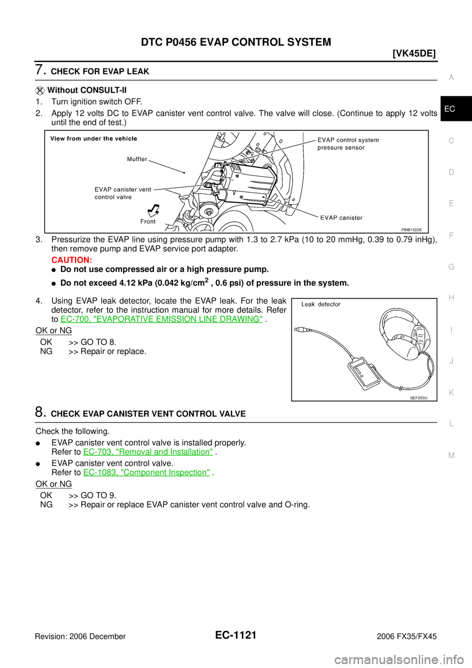 INFINITI FX35 2006  Service Manual DTC P0456 EVAP CONTROL SYSTEM EC-1121
[VK45DE]
C 
D  E 
F 
G  H 
I 
J 
K  L 
M  A
EC 
Revision: 2006 December 2006 FX35/FX45
7. CHECK FOR EVAP LEAK 
   Without CONSULT-II 
1. Turn ignition switch OFF.