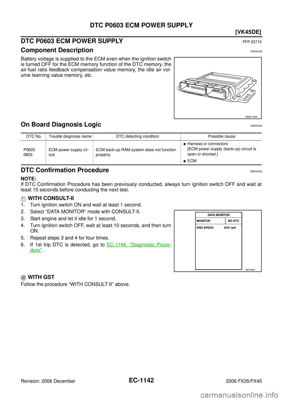 INFINITI FX35 2006  Service Manual EC-1142
[VK45DE]
DTC P0603 ECM POWER SUPPLY
Revision: 2006 December 2006 FX35/FX45
DTC P0603 ECM POWER SUPPLYPFP:23710
Component DescriptionNBS004A8
Battery voltage is supplied to the ECM even when th