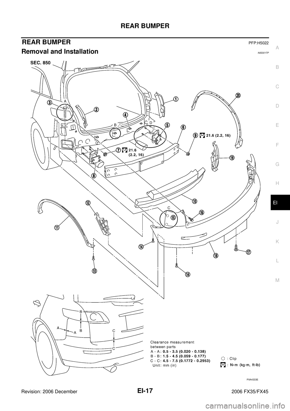 INFINITI FX35 2006  Service Manual REAR BUMPER EI-17
C 
D  E 
F 
G  H 
J 
K  L 
M  A 
B
EI 
Revision: 2006 December 2006 FX35/FX45
REAR BUMPERPFP:H5022
Removal and InstallationNIS001TP
PIIA4333E 