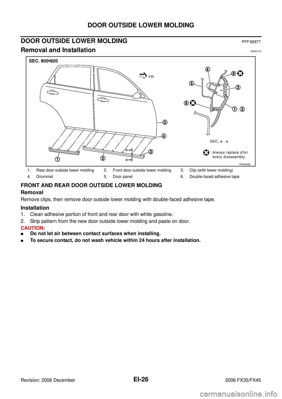 INFINITI FX35 2006  Service Manual EI-26
DOOR OUTSIDE LOWER MOLDING
Revision: 2006 December 2006 FX35/FX45
DOOR OUTSIDE LOWER MOLDINGPFP:82877
Removal and InstallationNIS001TU
FRONT AND REAR DOOR OUTSIDE LOWER MOLDING 
Removal
Remove c