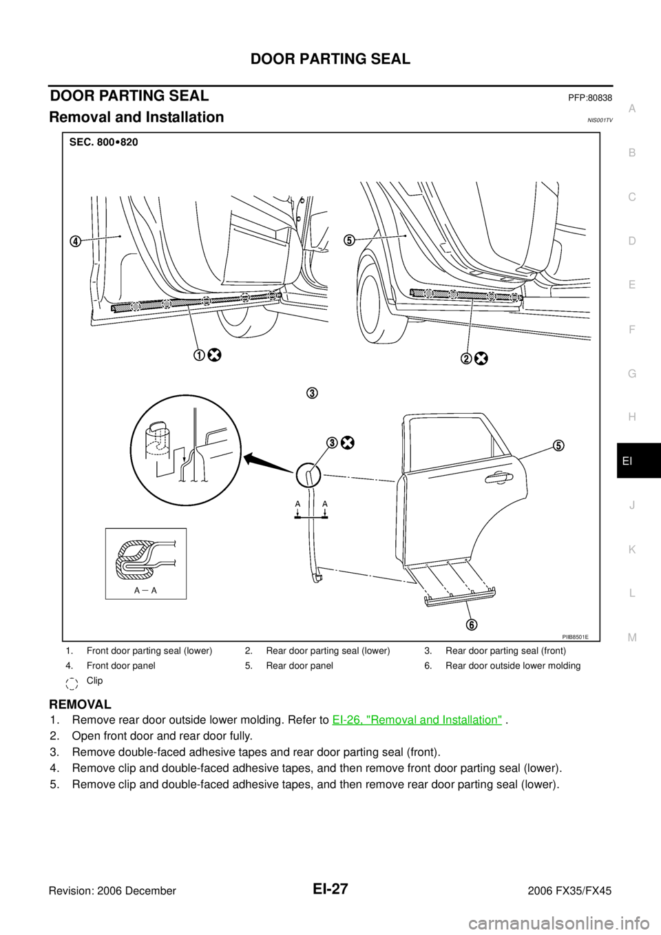 INFINITI FX35 2006  Service Manual DOOR PARTING SEAL EI-27
C 
D  E 
F 
G  H 
J 
K  L 
M  A 
B
EI 
Revision: 2006 December 2006 FX35/FX45
DOOR PARTING SEALPFP:80838
Removal and InstallationNIS001TV
REMOVAL
1. Remove rear door outside lo