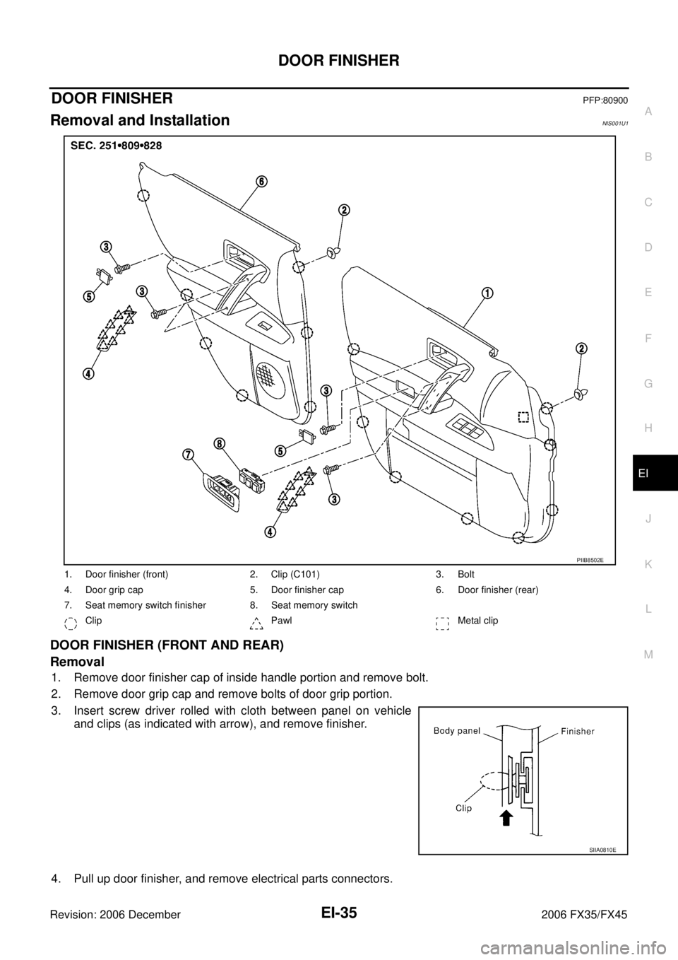 INFINITI FX35 2006  Service Manual DOOR FINISHER EI-35
C 
D  E 
F 
G  H 
J 
K  L 
M  A 
B
EI 
Revision: 2006 December 2006 FX35/FX45
DOOR FINISHERPFP:80900
Removal and InstallationNIS001U1
DOOR FINISHER (FRONT AND REAR) 
Removal
1. Rem