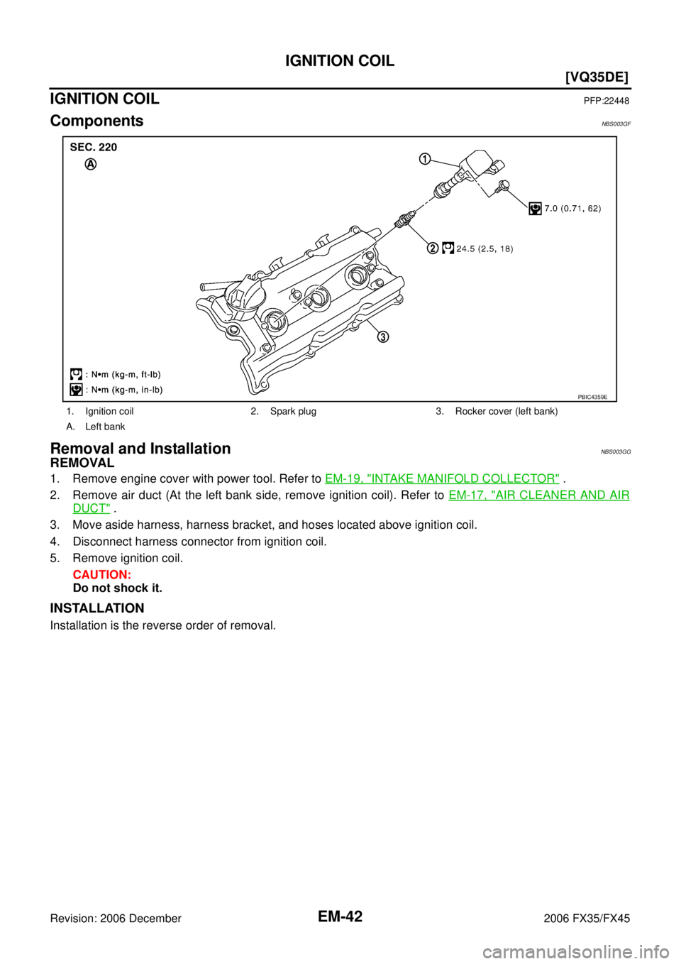 INFINITI FX35 2006  Service Manual EM-42
[VQ35DE]
IGNITION COIL
Revision: 2006 December 2006 FX35/FX45
IGNITION COILPFP:22448
ComponentsNBS003GF
Removal and InstallationNBS003GG
REMOVAL
1. Remove engine cover with power tool. Refer to 