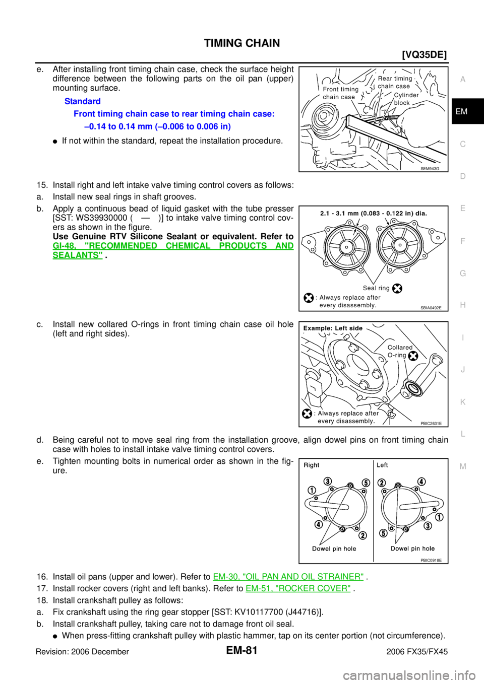 INFINITI FX35 2006  Service Manual TIMING CHAIN EM-81
[VQ35DE]
C 
D  E 
F 
G  H 
I 
J 
K  L 
M  A
EM 
Revision: 2006 December 2006 FX35/FX45
e. After installing front timing chain case, check the surface height  difference between the 