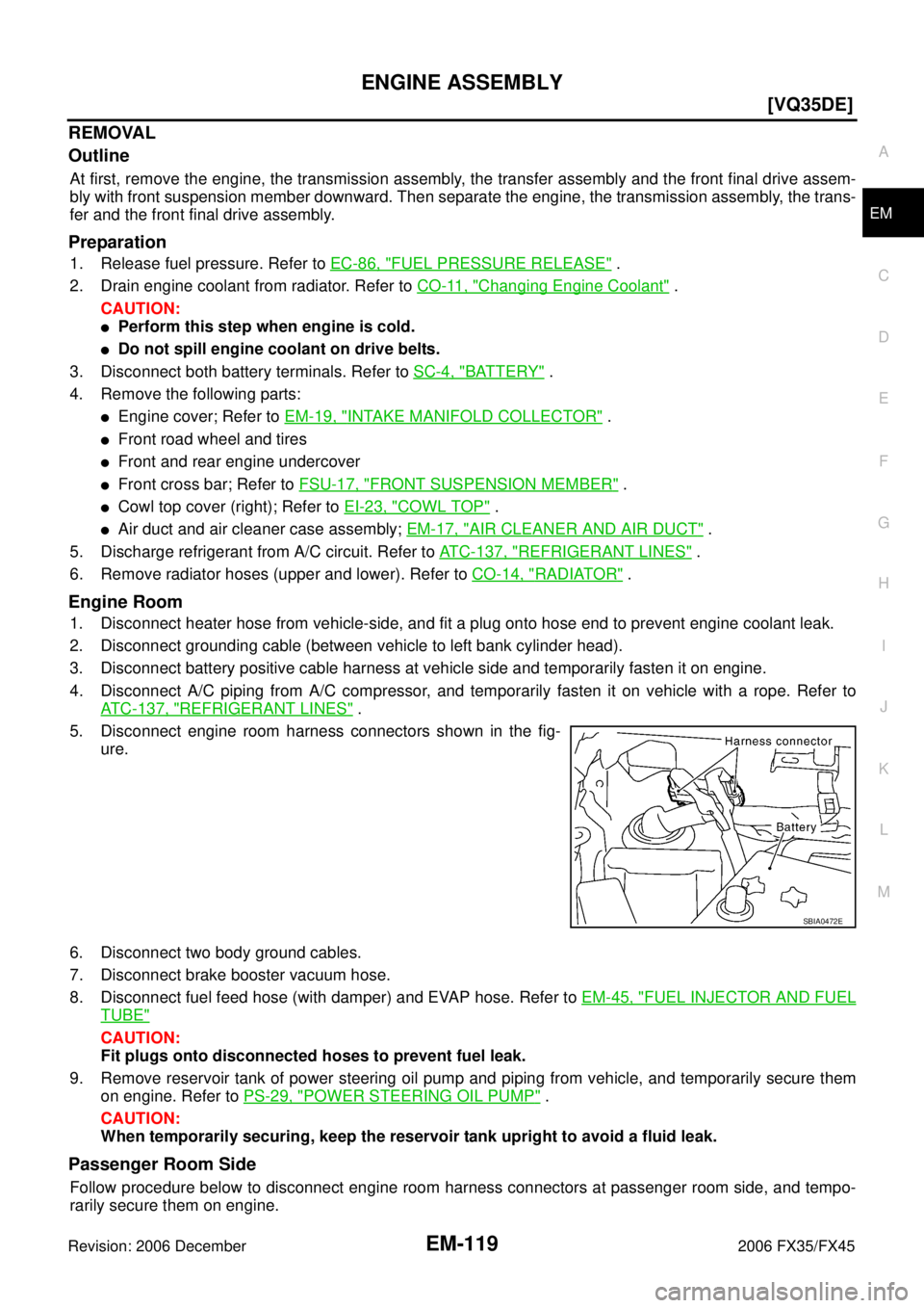 INFINITI FX35 2006  Service Manual ENGINE ASSEMBLY EM-119
[VQ35DE]
C 
D  E 
F 
G  H 
I 
J 
K  L 
M  A
EM 
Revision: 2006 December 2006 FX35/FX45
REMOVAL 
Outline
At first, remove the engine, the transmission assembly, the transfer asse