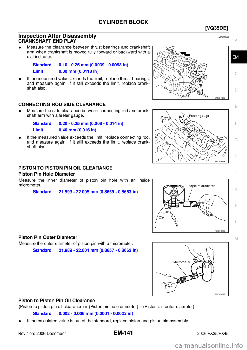 INFINITI FX35 2006  Service Manual CYLINDER BLOCK EM-141
[VQ35DE]
C 
D  E 
F 
G  H 
I 
J 
K  L 
M  A
EM 
Revision: 2006 December 2006 FX35/FX45
Inspection After DisassemblyNBS003H8
CRANKSHAFT END PLAY
Measure the clearance between thr