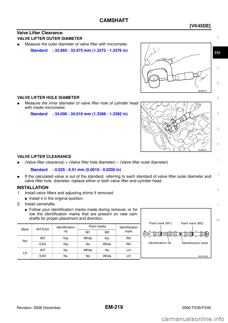 INFINITI FX35 2006  Service Manual CAMSHAFT EM-219
[VK45DE]
C 
D  E 
F 
G  H 
I 
J 
K  L 
M  A
EM 
Revision: 2006 December 2006 FX35/FX45
Valve Lifter Clearance
VALVE LIFTER OUTER DIAMETER
Measure the outer diameter of valve lifter wi