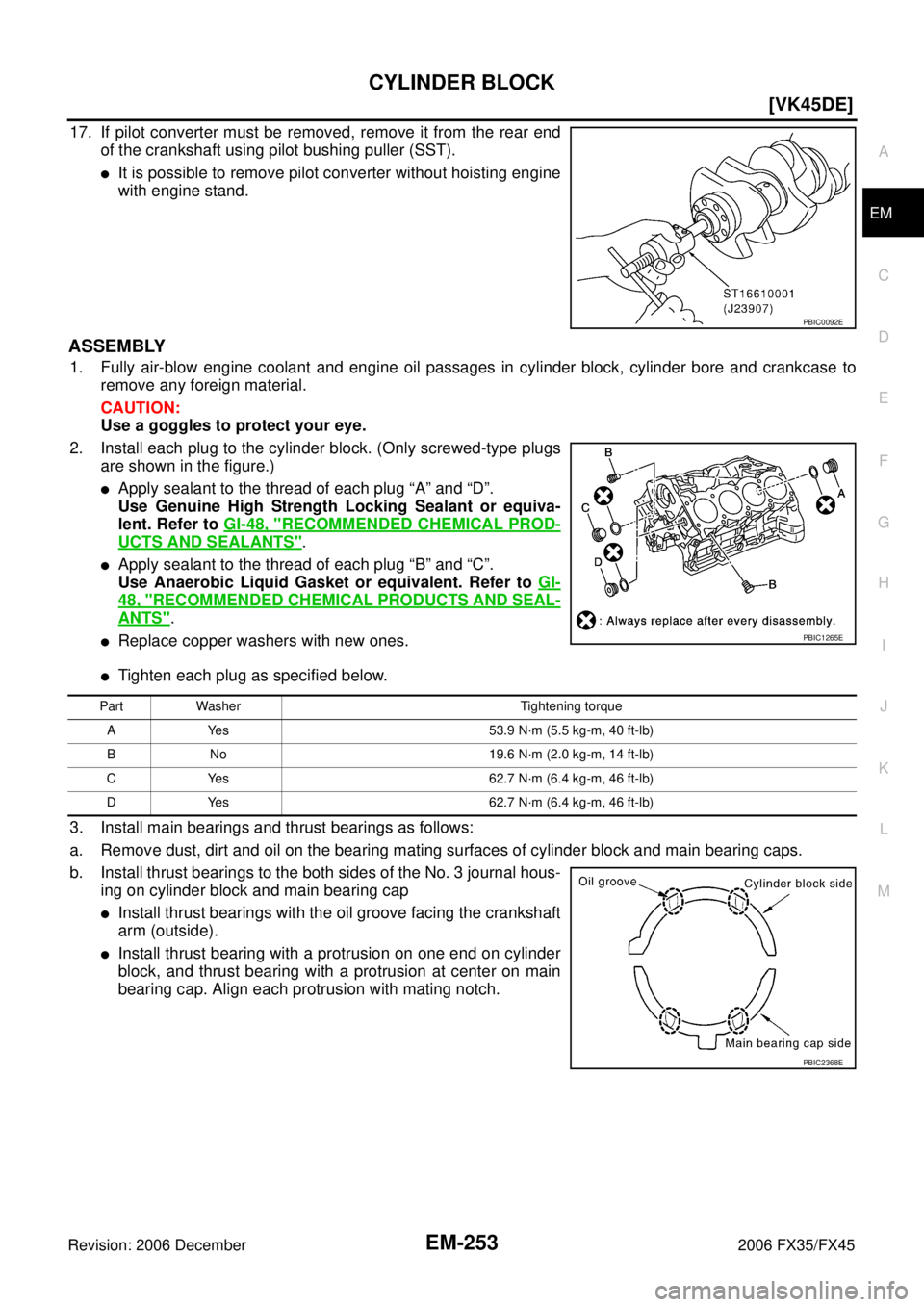 INFINITI FX35 2006  Service Manual CYLINDER BLOCK EM-253
[VK45DE]
C 
D  E 
F 
G  H 
I 
J 
K  L 
M  A
EM 
Revision: 2006 December 2006 FX35/FX45
17. If pilot converter must be removed, remove it from the rear end  of the crankshaft usin