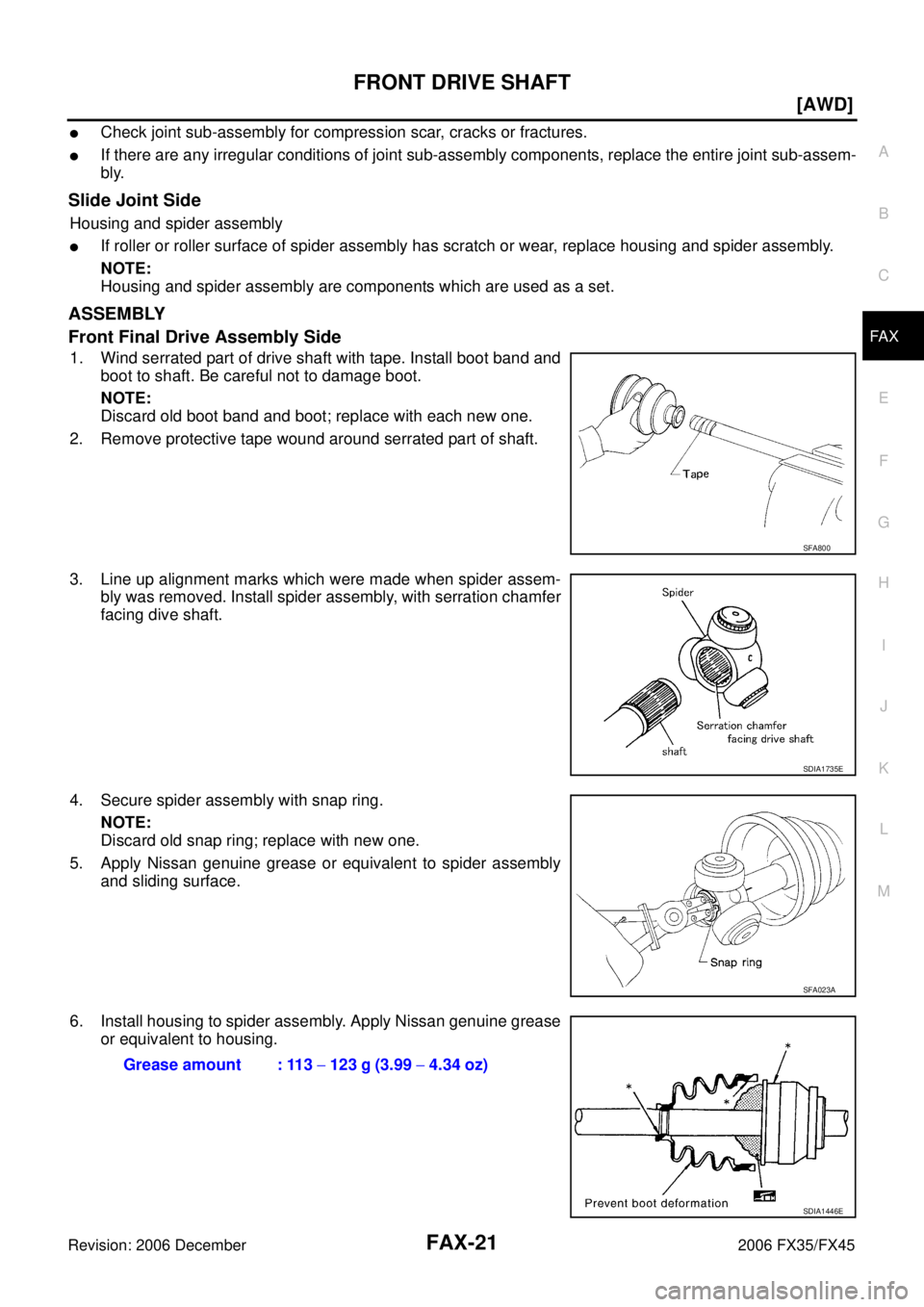 INFINITI FX35 2006  Service Manual FRONT DRIVE SHAFT FAX-21
[AWD]
C E  F 
G  H 
I 
J 
K  L 
M  A 
B
FA X 
Revision: 2006 December 2006 FX35/FX45
Check joint sub-assembly for compression scar, cracks or fractures.
If there are any irr