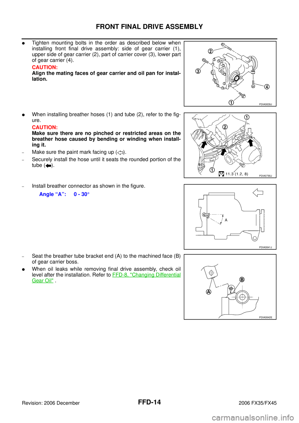 INFINITI FX35 2006  Service Manual FFD-14
FRONT FINAL DRIVE ASSEMBLY
Revision: 2006 December 2006 FX35/FX45
Tighten mounting bolts in the order as described below when 
installing front final drive assembly: side of gear carrier (1),
