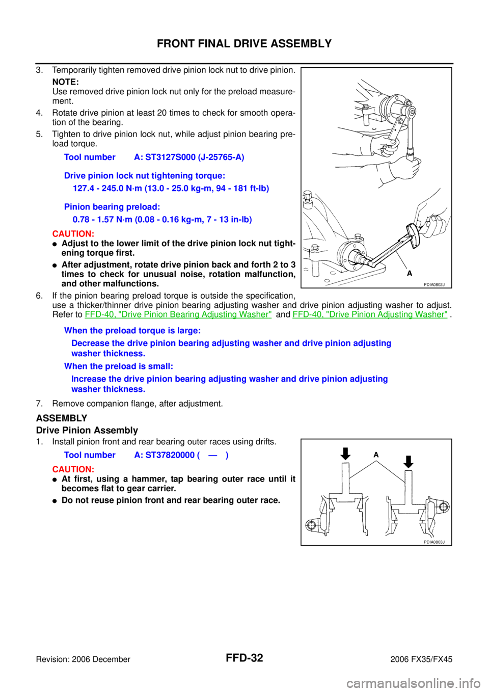 INFINITI FX35 2006  Service Manual FFD-32
FRONT FINAL DRIVE ASSEMBLY
Revision: 2006 December 2006 FX35/FX45
3. Temporarily tighten removed drive pinion lock nut to drive pinion. NOTE: 
Use removed drive pinion lock nut only for the pre