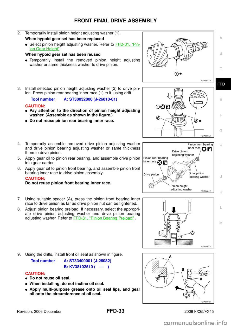 INFINITI FX35 2006  Service Manual FRONT FINAL DRIVE ASSEMBLY FFD-33
C E  F 
G  H 
I 
J 
K  L 
M  A 
B
FFD 
Revision: 2006 December 2006 FX35/FX45
2. Temporarily install pinion height adjusting washer (1).  When hypoid gear set has bee