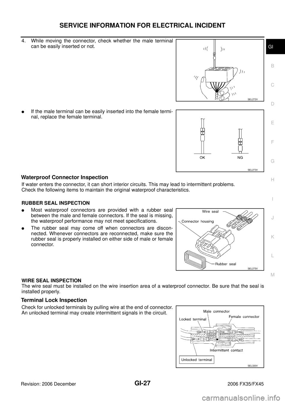 INFINITI FX35 2006  Service Manual SERVICE INFORMATION FOR ELECTRICAL INCIDENT GI-27
C 
D  E 
F 
G  H 
I 
J 
K  L 
M  B
GI 
Revision: 2006 December 2006 FX35/FX45
4. While moving the connector, check whether the male terminal  can be e