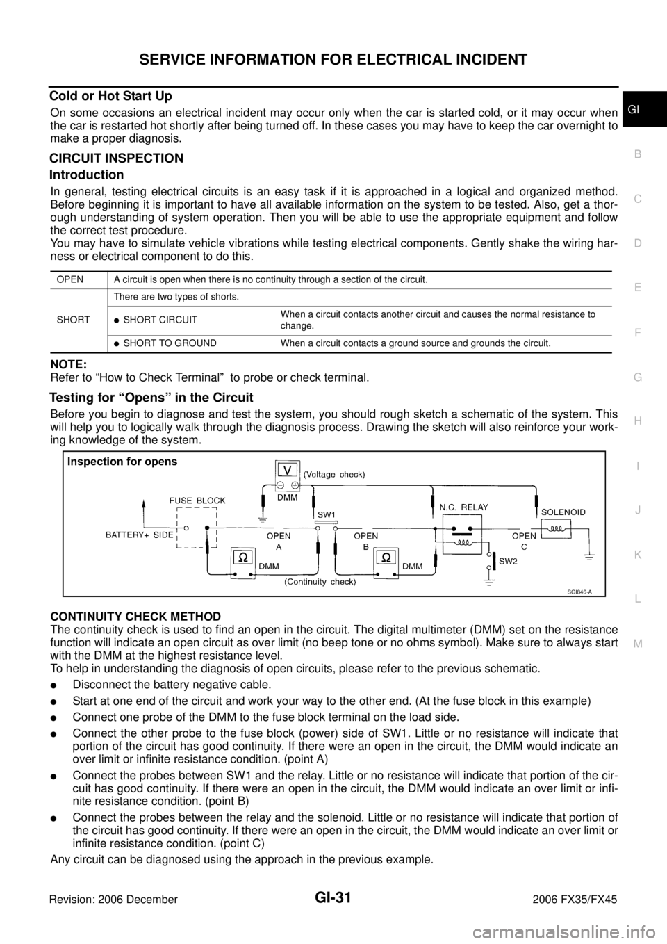 INFINITI FX35 2006  Service Manual SERVICE INFORMATION FOR ELECTRICAL INCIDENT GI-31
C 
D  E 
F 
G  H 
I 
J 
K  L 
M  B
GI 
Revision: 2006 December 2006 FX35/FX45
Cold or Hot Start Up 
On some occasions an electrical incident may occur