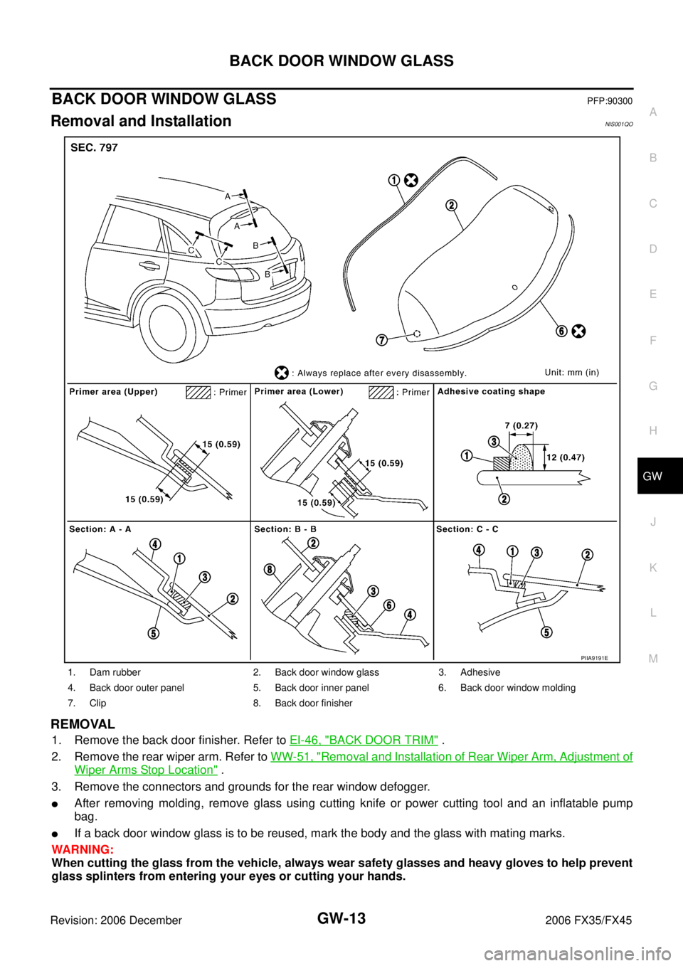 INFINITI FX35 2006  Service Manual BACK DOOR WINDOW GLASS GW-13
C 
D  E 
F 
G  H 
J 
K  L 
M  A 
B
GW 
Revision: 2006 December 2006 FX35/FX45
BACK DOOR WINDOW GLASSPFP:90300
Removal and InstallationNIS001QO
REMOVAL
1. Remove the back d