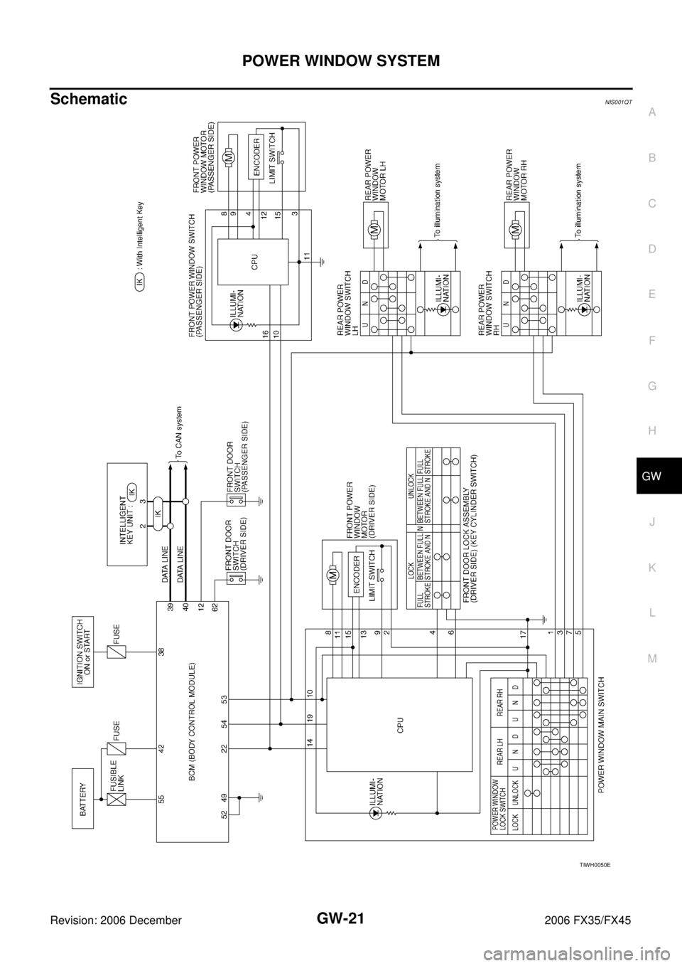 INFINITI FX35 2006 Service Manual POWER WINDOW SYSTEM GW-21
C
D E
F
G H
J
K L
M A
B
GW
Revision: 2006 December 2006 FX35/FX45
SchematicNIS001QT
TIWH0050E INFINITI FX35 2006 Service Manual POWER WINDOW SYSTEM GW-21
C
D E
F
G H
J
K L
M A
B
GW
Revision: 2006 December 2006 FX35/FX45
SchematicNIS001QT
TIWH0050E