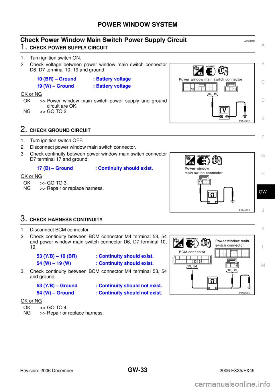 INFINITI FX35 2006  Service Manual POWER WINDOW SYSTEM GW-33
C 
D  E 
F 
G  H 
J 
K  L 
M  A 
B
GW 
Revision: 2006 December 2006 FX35/FX45
Check Power Window Main Switch Power Supply Circuit NIS001R8
1. CHECK POWER SUPPLY CIRCUIT  
1. 